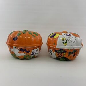 Vintage Halloween Pumpkin Containers w/ Lid Ghost Spider Witch Bat Boo Skeleton